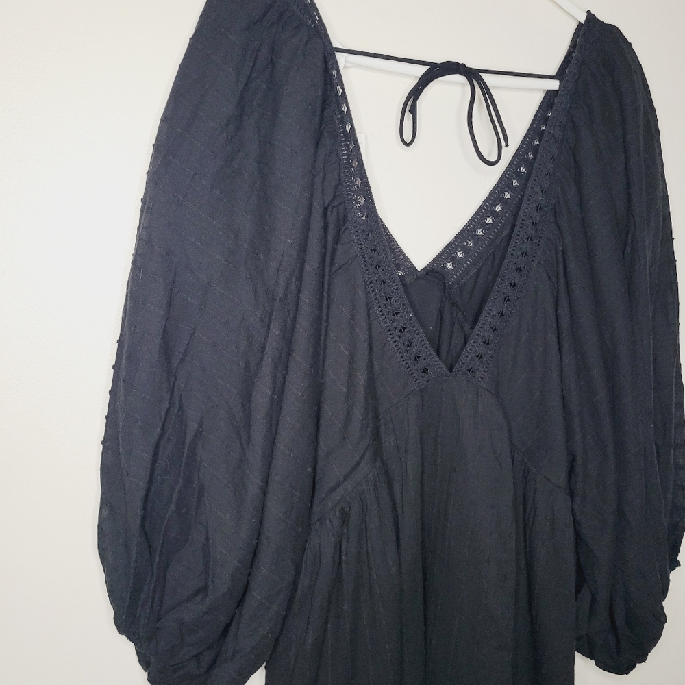 H&M Influencer Dress Balloon Sleeve Cotton Crotchet V-Neck Medium Black Vacation - Picture 13 of 15